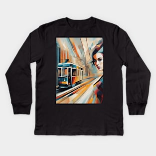 A Woman and a Tram 005 - Cubo-Futurism - Trams are Awesome! Kids Long Sleeve T-Shirt